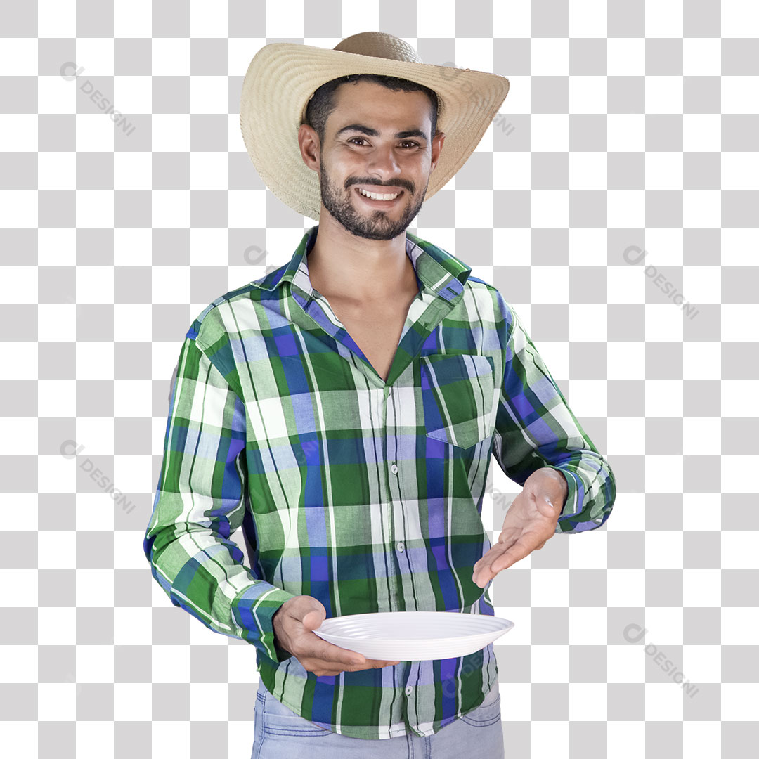 Homem Caipira Mostrando Prato Vazio Com Camisa Xadrez PNG São João