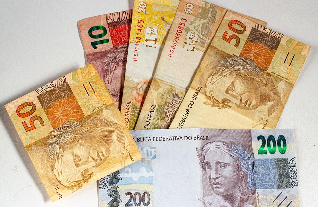 Brazilian Money Note. Two hundred Notes, Ten, Twenty and Fifty Reais. Top View Image JPG