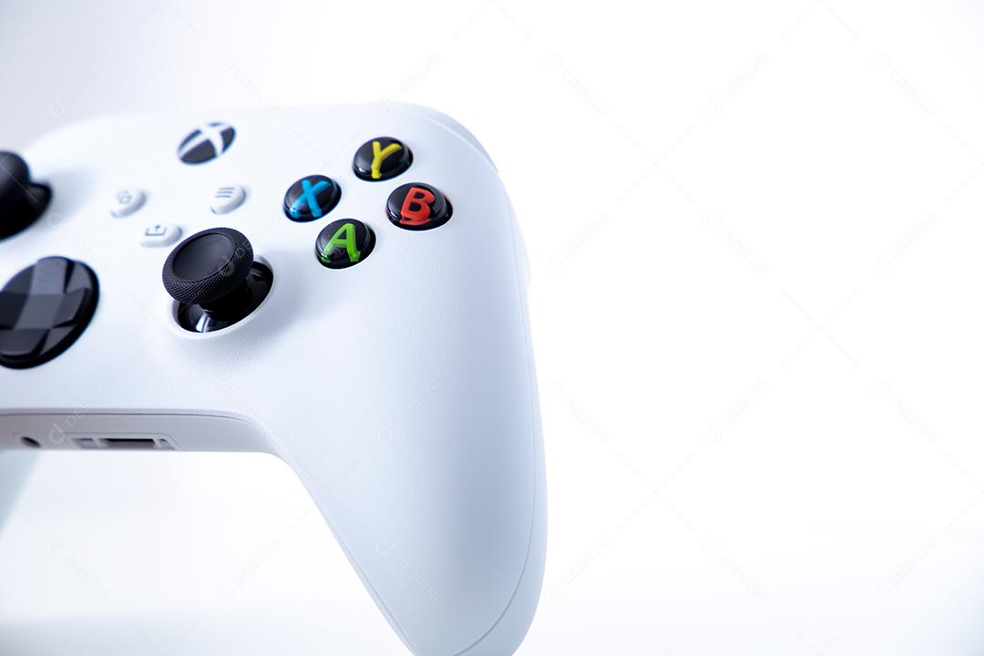 Sao Paulo, Brazil - 03, 2022: White controller of new xbox Series S console. On white background.