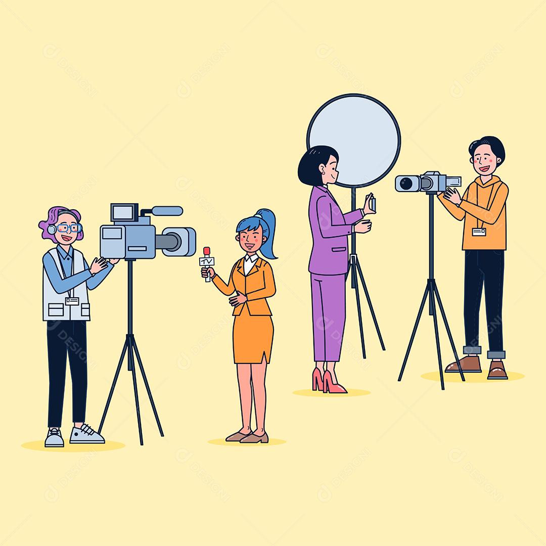 Cartoon style. Set of television videoman and journalist reporting the news in cartoon character, difference action isolated flat vector illustration.