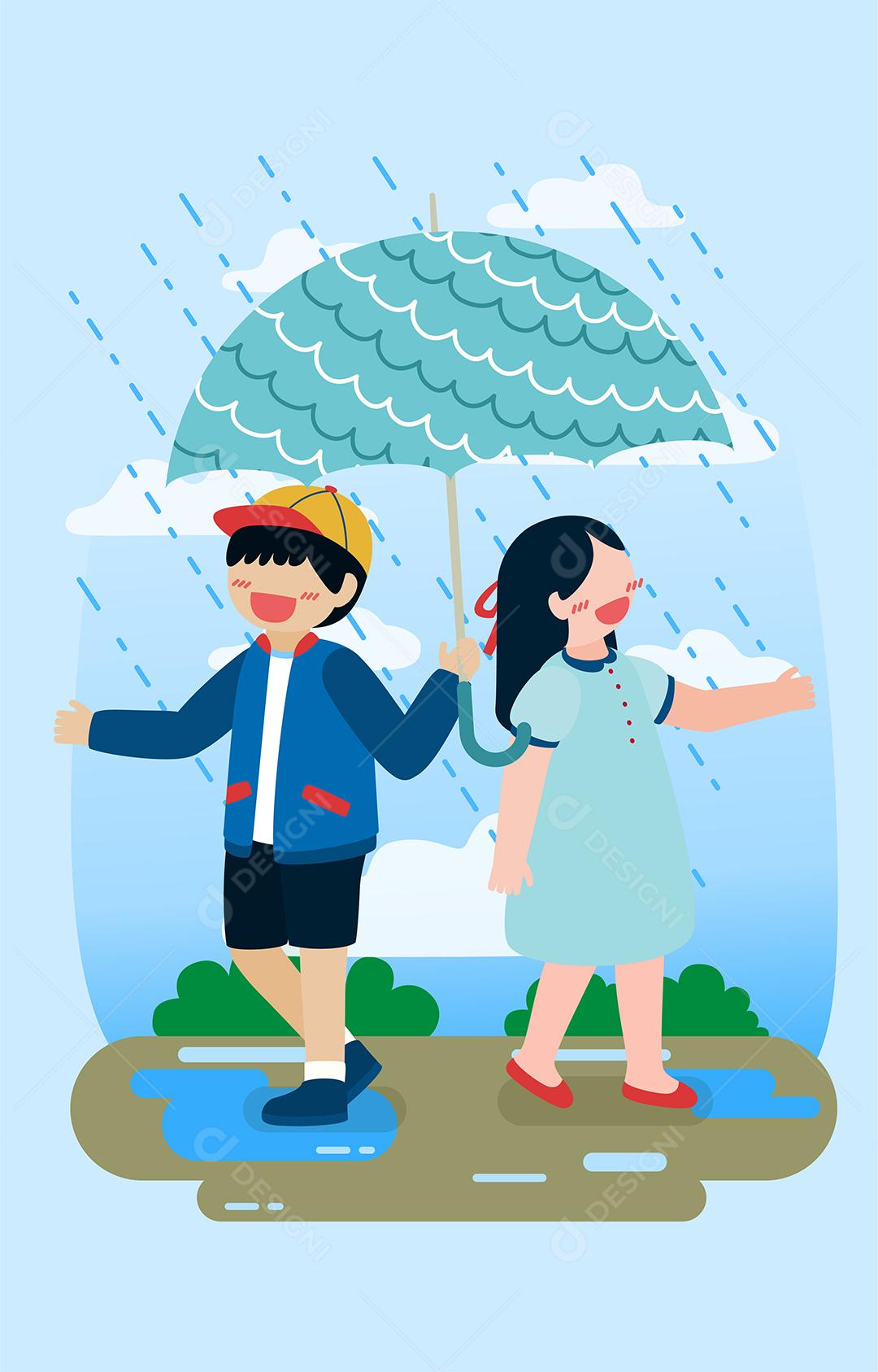 Drawing vertical image Girl and boy under umbrella they like to play with rain in rainy season in cartoon character style flat vector illustration