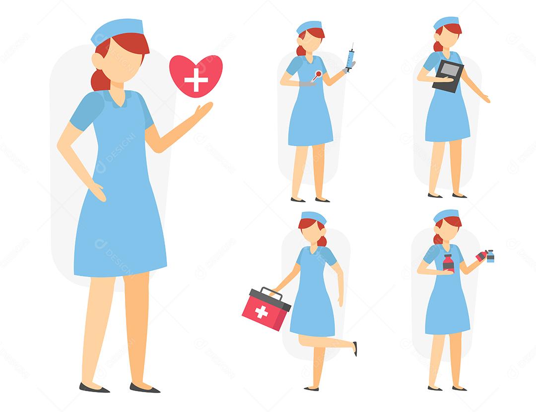 conjunto de mulher com uniforme de enfermeira em personagem de
