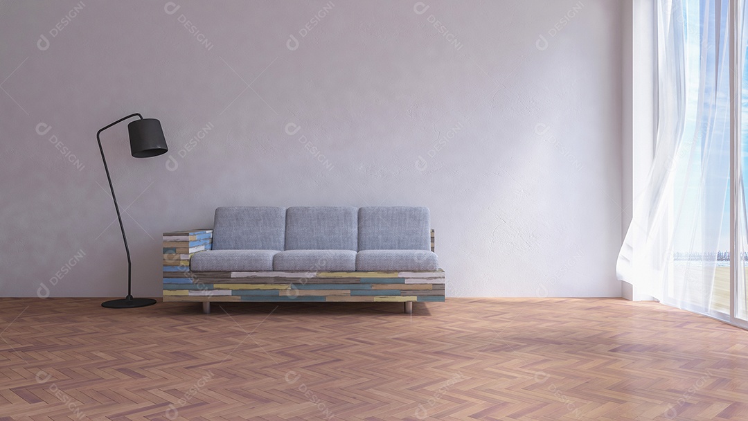 Living room by the sea, white fabric curtains being blown by the sea wind, white cracked concrete wall, colorful sofa and lamp on the floor.