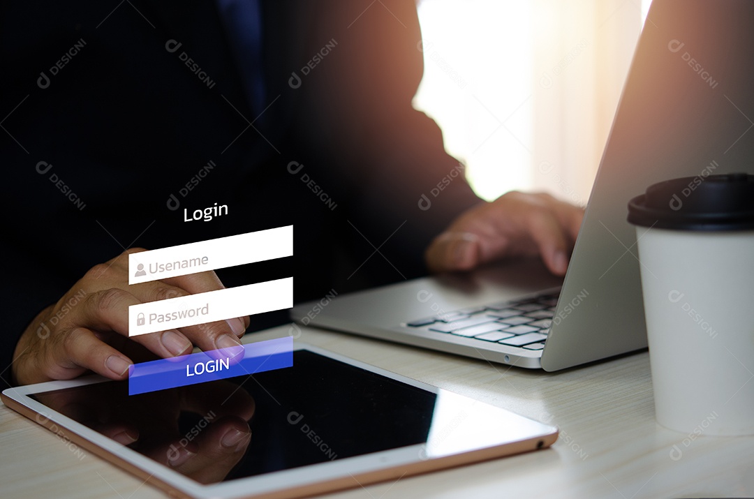 Man using login interface on touch screen. username and password.