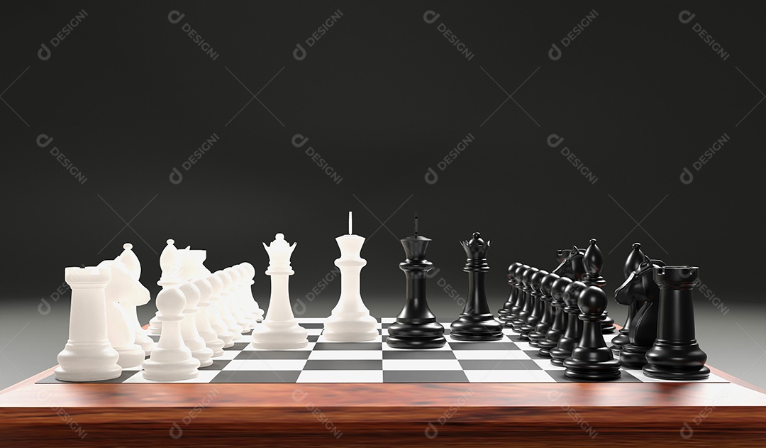 Renderização 3d de um tabuleiro de xadrez com um conjunto