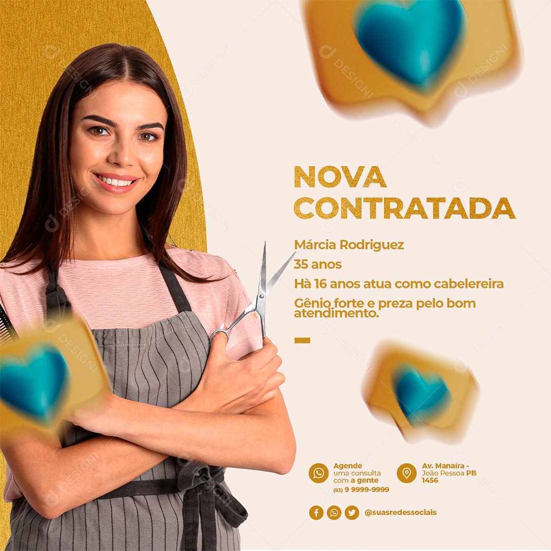 Nova Contratada Márcia Rodriguez Cabelereira Social Media PSD Editável