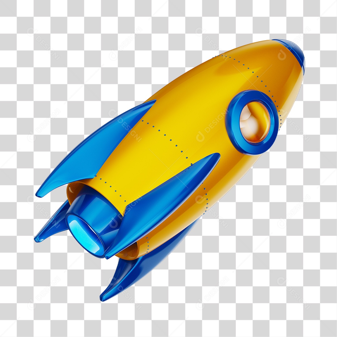 Foguete 3D Rocket Amarelo e Azul PNG Transparente