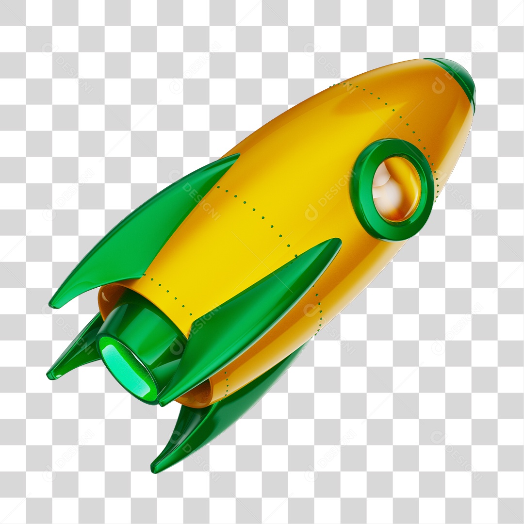 Foguete 3D Rocket Amarelo e Verde PNG Transparente