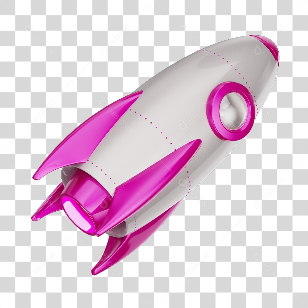 Foguete 3D Rocket Branco e Rosa PNG Transparente