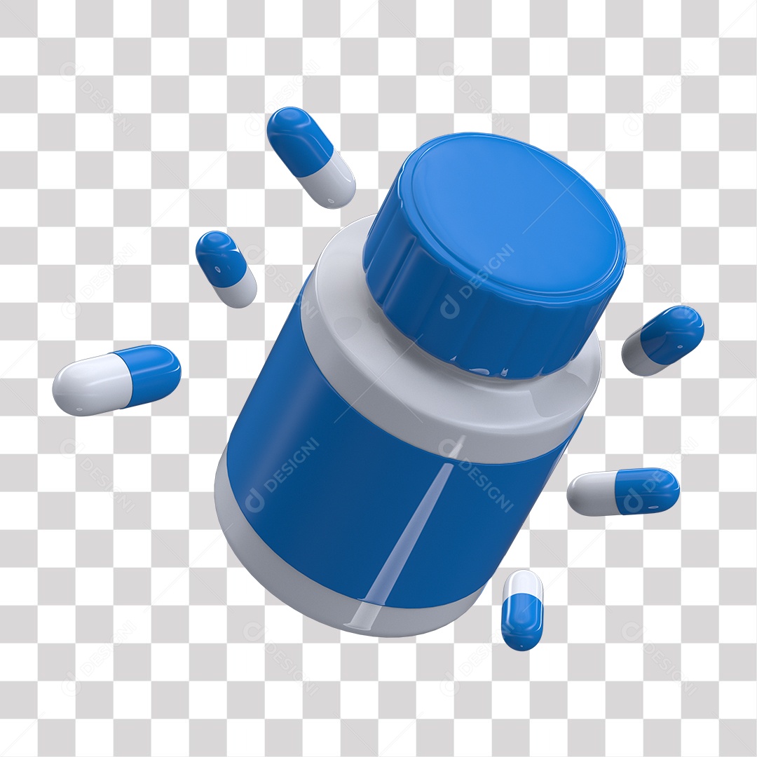 Cápsulas e Frasco Branco e Azul Elemento 3D PNG Transparente sem Fundo