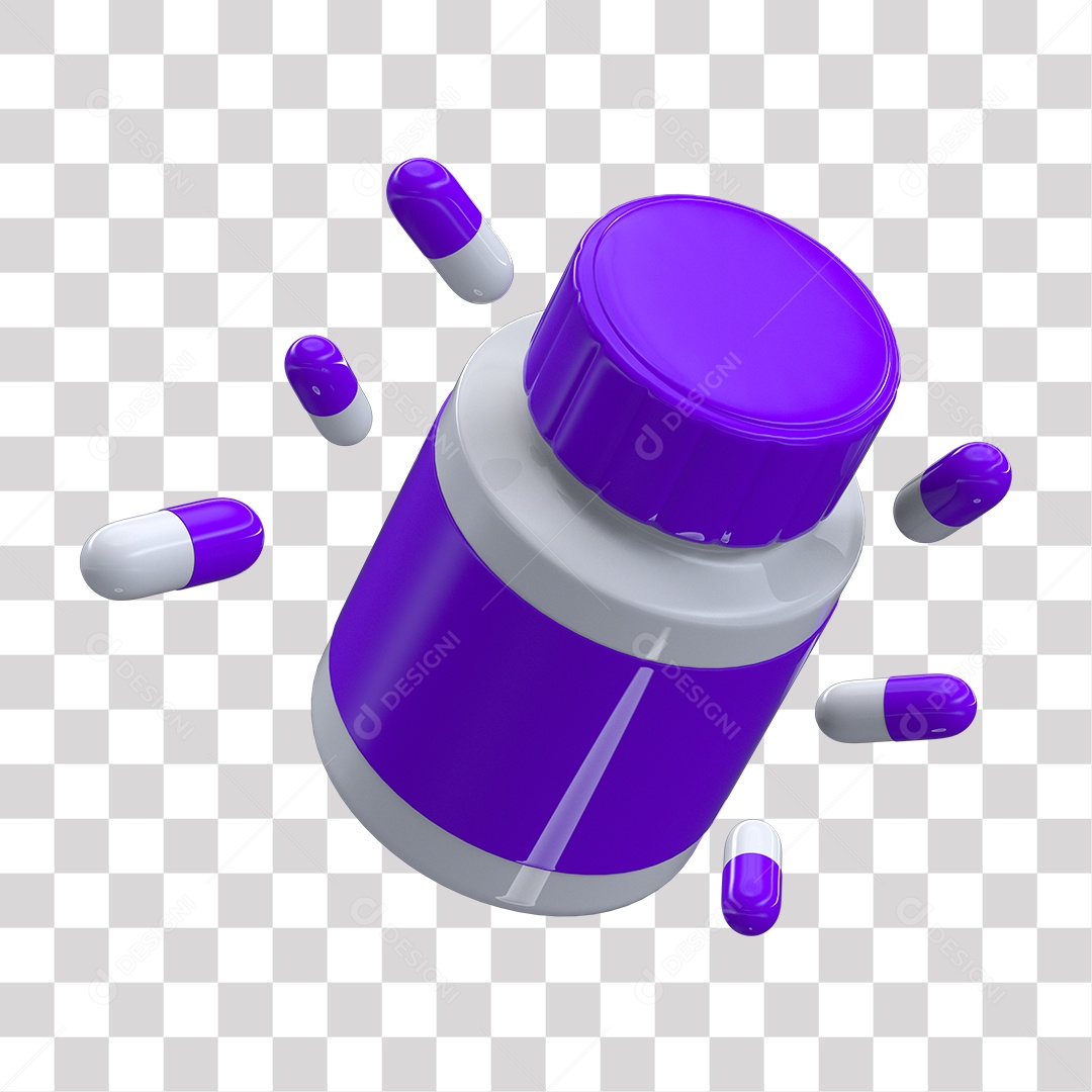 Cápsulas e Frasco Branco e Roxo Elemento 3D PNG Transparente sem Fundo