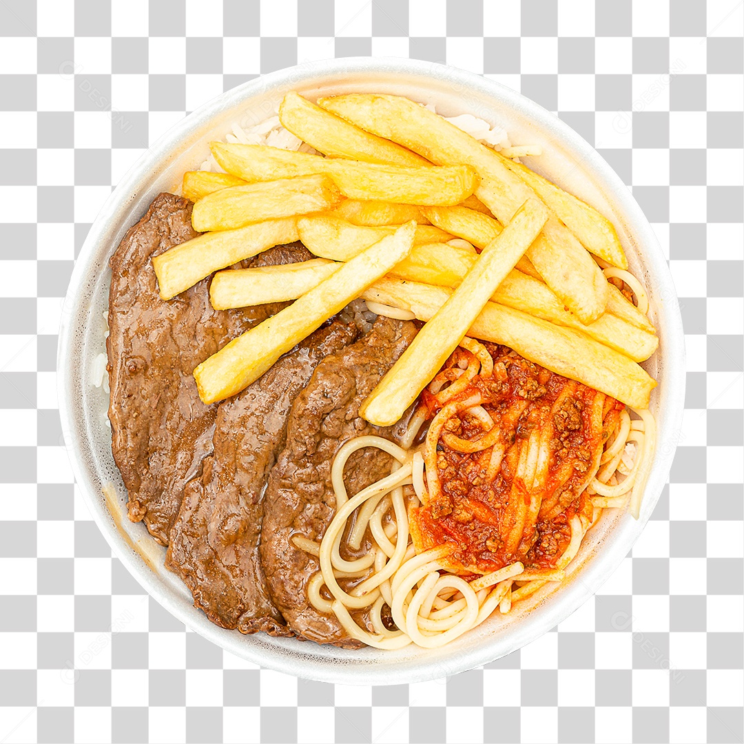 Typical Lunchbox Steak Potato and Macaroni with Rice and Beans PNG Transparente