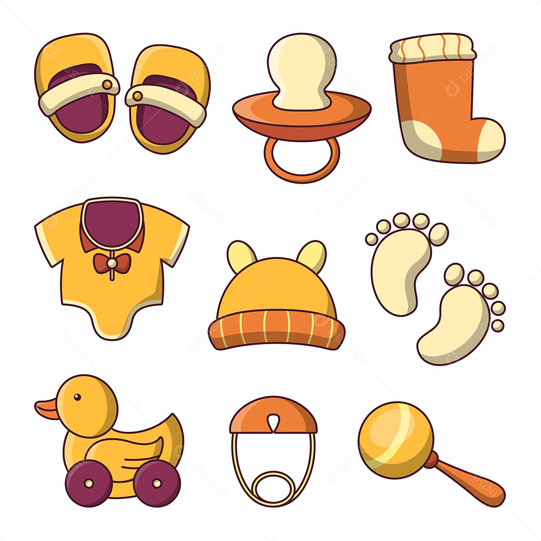 Conjunto de ícones de itens de bebê com brinquedos e acessórios para  crianças em desenho animado [download] - Designi