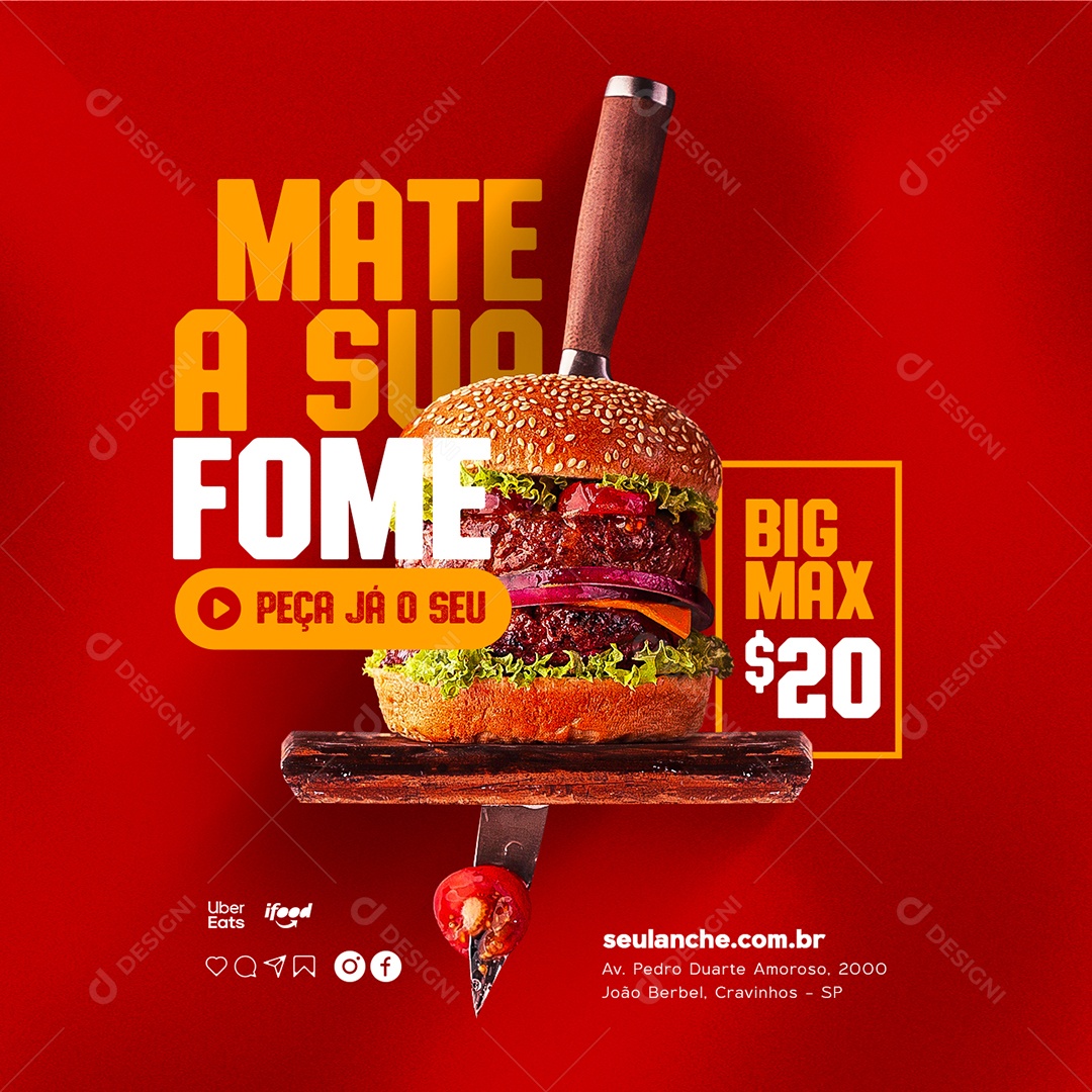 Mate a Sua Fome Big Max Hamburgueria Social Media PSD Editável