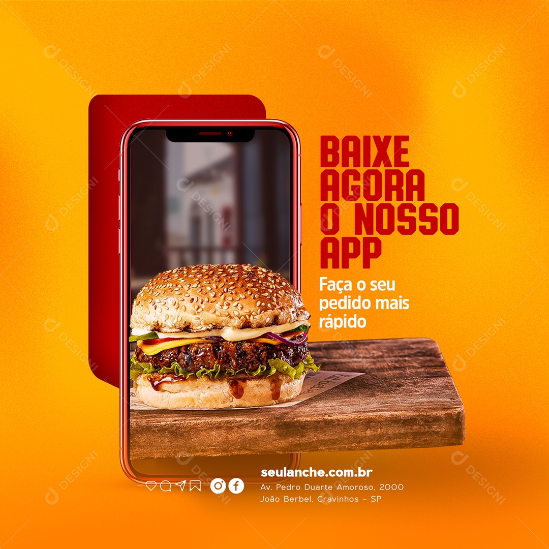 Baixa Agora o Nosso App Faça o Seu Pedido Mais Rápido Hamburgueria Social Media PSD Editável