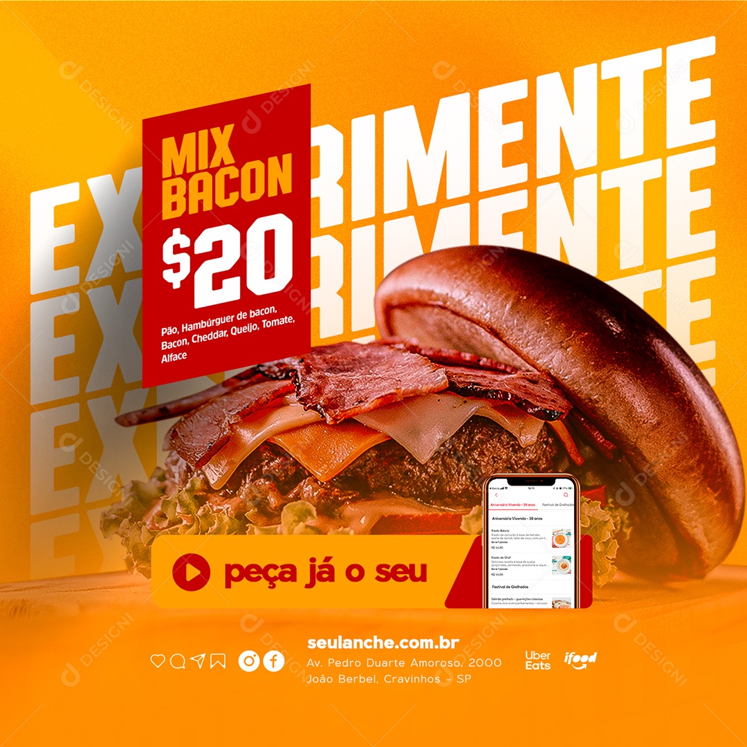 Experimente Mix Bacon Peça Já o Seu Hamburgueria Social Media PSD Editável