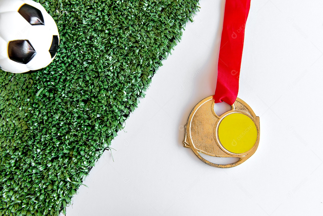 World cup, soccer ball and medal on white background