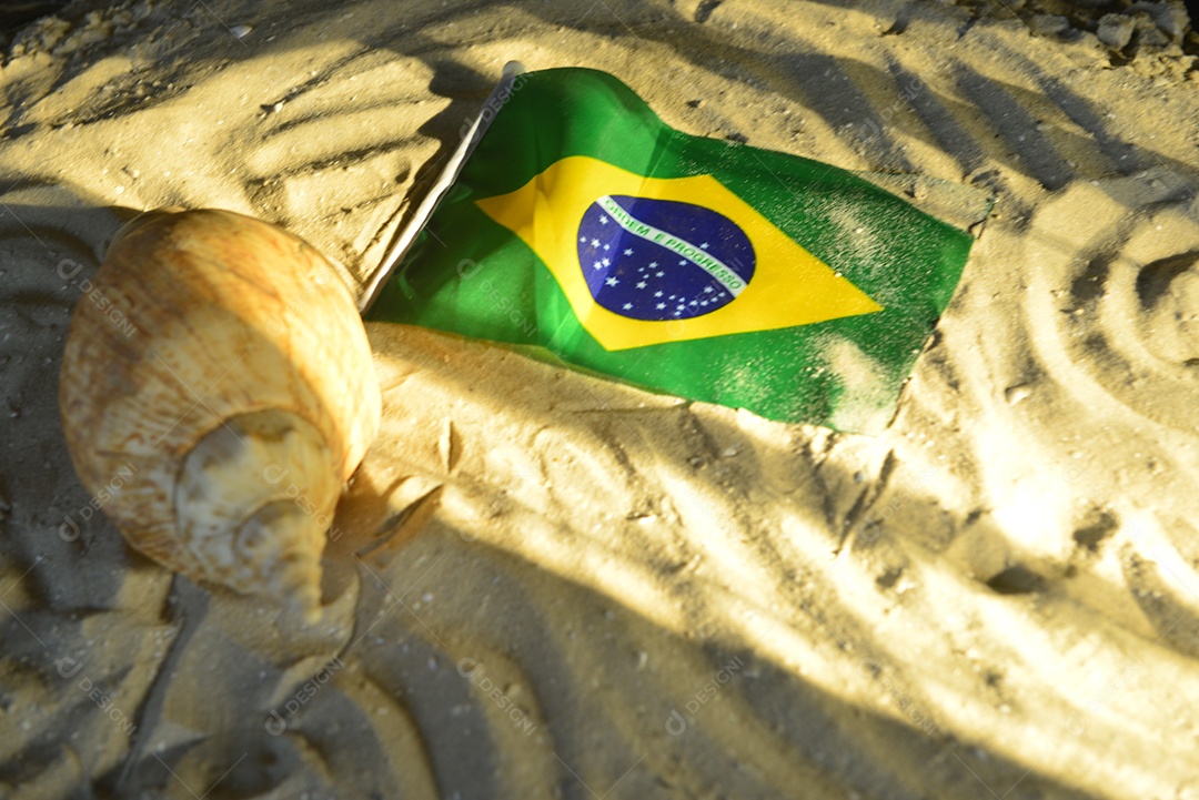 Bandeira Brasil Forma Palito Areia Praia Frente Onda Mar Conceito fotos,  imagens de © flowertiare #480039424