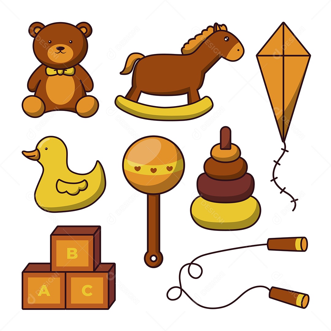 Conjunto de ícones de itens de bebê com brinquedos e acessórios