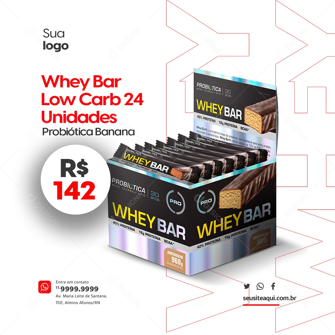 Whey Bar Low Carb 24 Unidades Loja de Suplementos Social Media PSD Editável