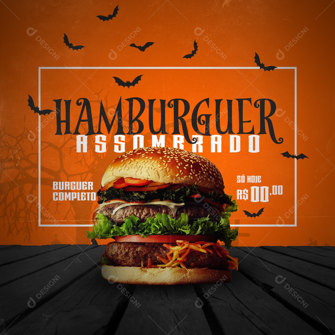 Hambúrguer Assombrado Hamburgueria Halloween Social Media PSD Editável