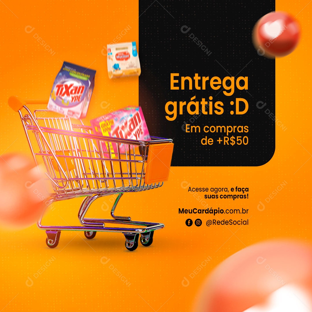 Entrega Grátis Em Compras de 50,00 Delivery Supermercado Social Media PSD Editável