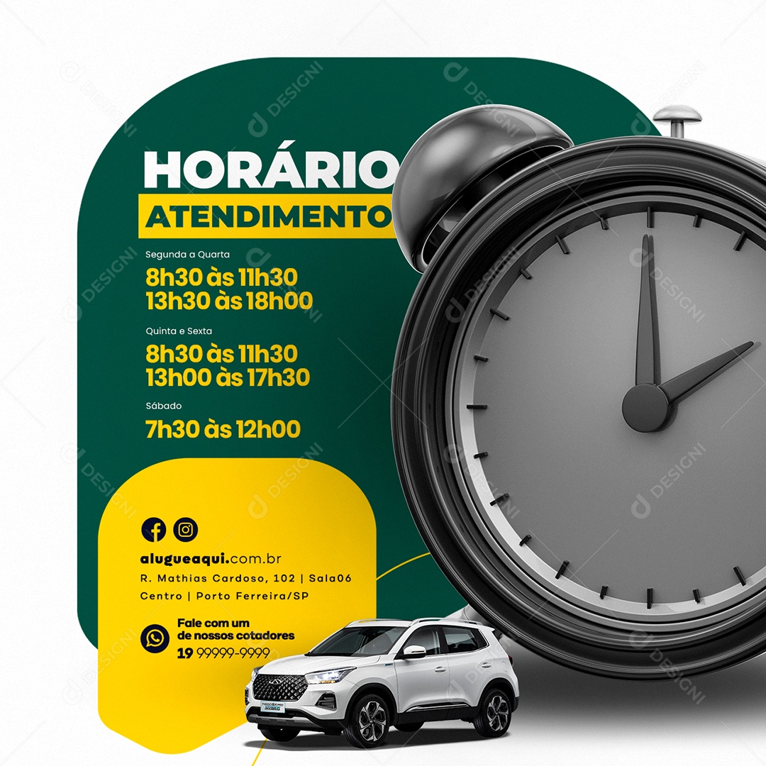 Horário de Atendimento Locadora de Carros Social Media PSD Editável