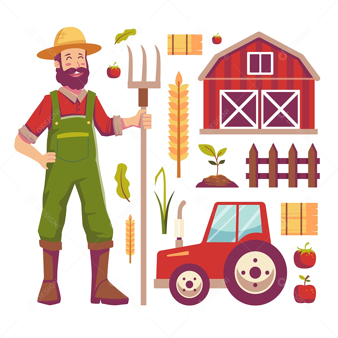 Young farmer with tractor and farmhouse with agricultural tool