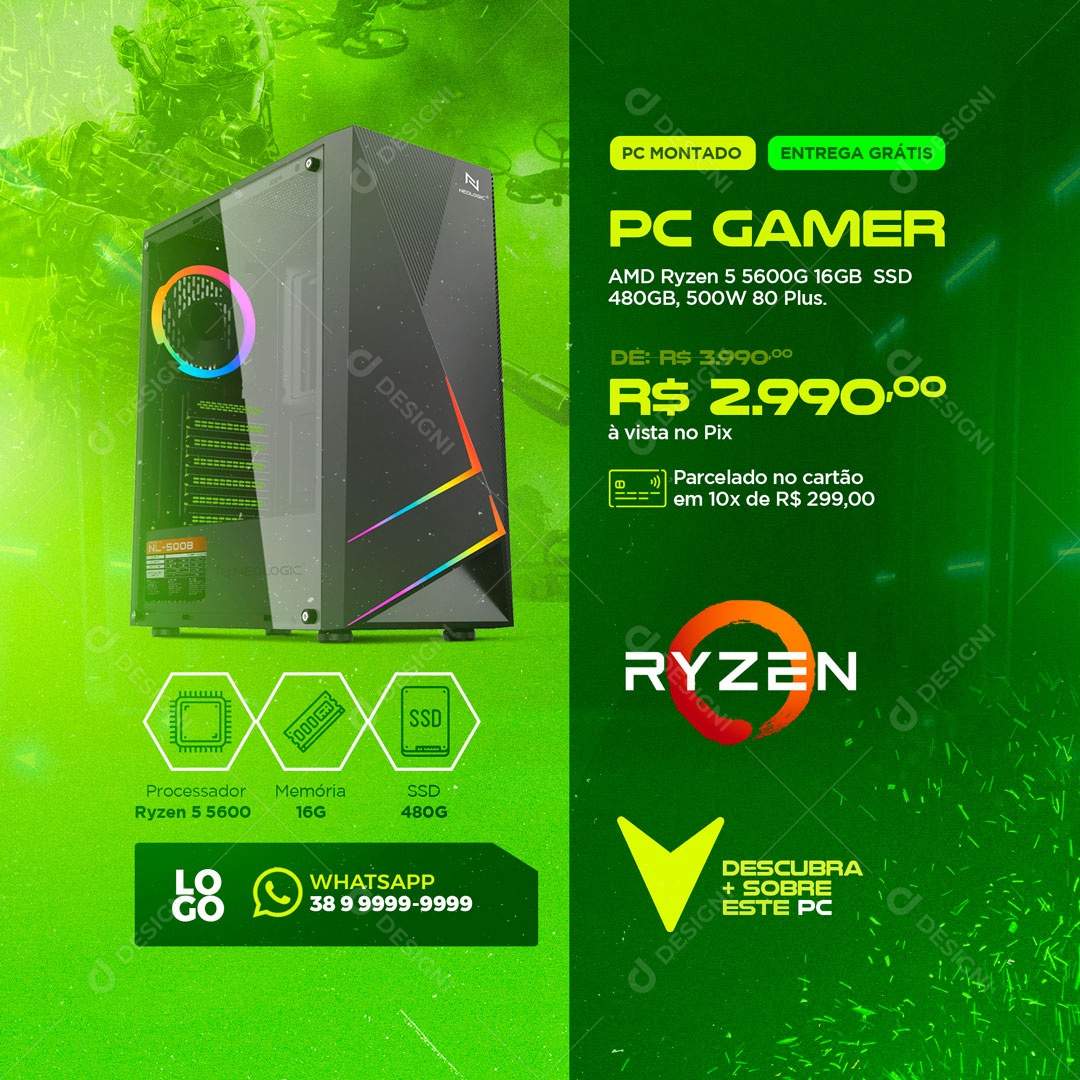 PC Gamer AMD Ryzen Loja de Informática Social Media PSD Editável