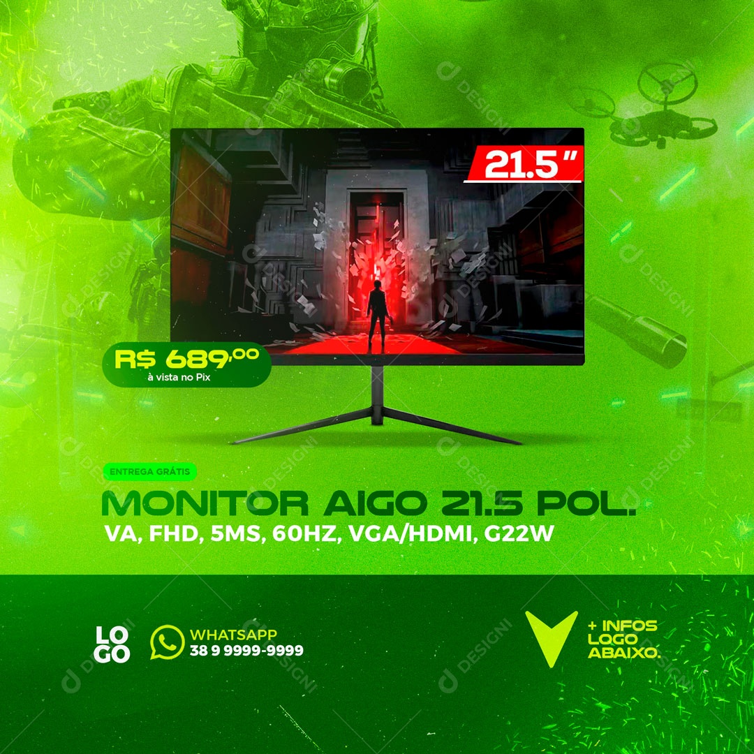 Monitor Aigo 21.5 Pol Loja de Informática Social Media PSD Editável