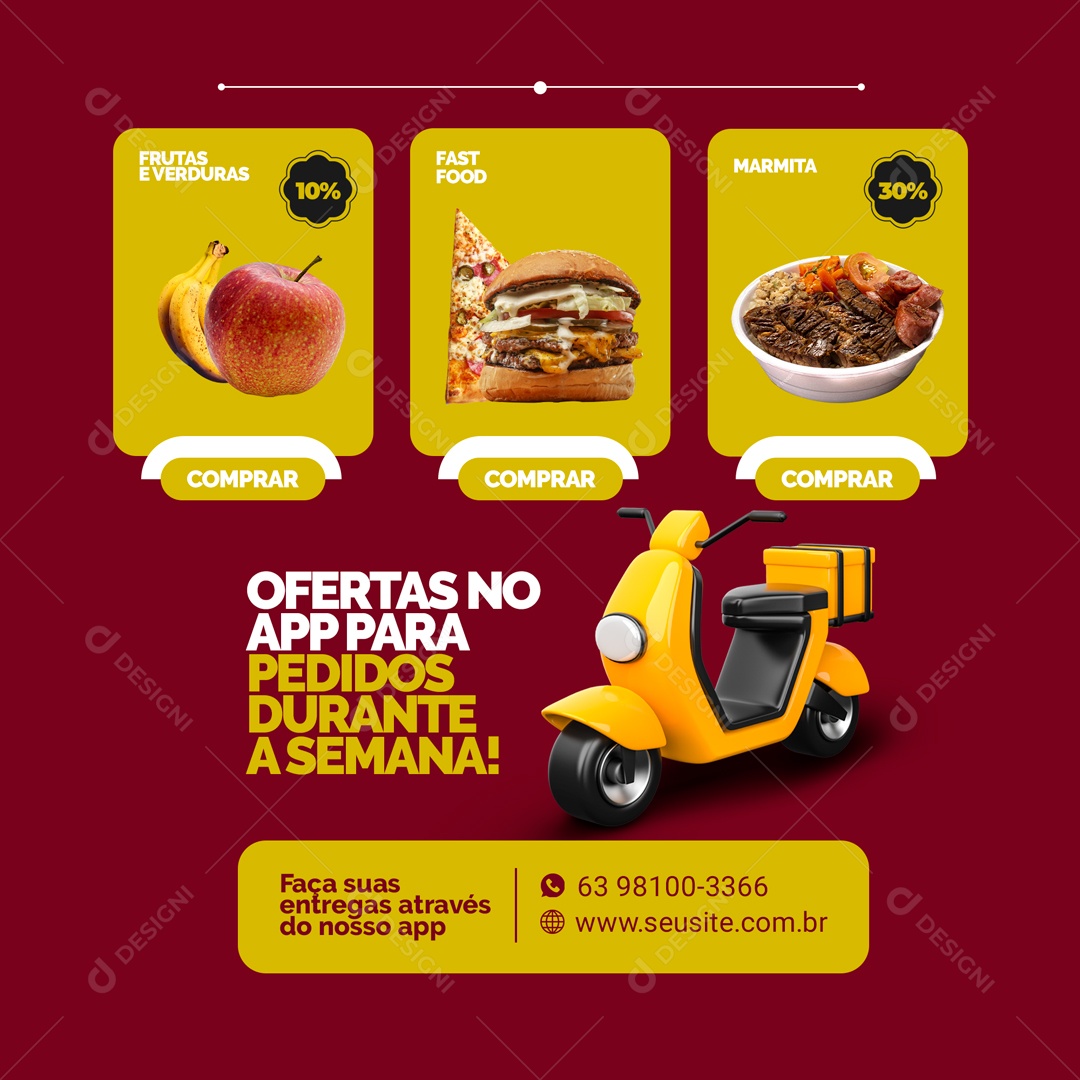 Oferta no App para Pedidos Durante a Semana Delivery Social Media PSD Editável