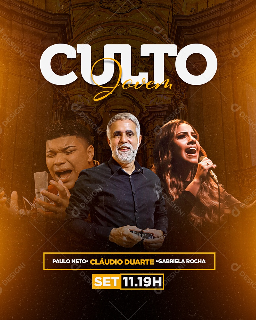 Flyer Gospel Culto de Jovem Pastor Cláudio Duarte Social Media PSD Editável