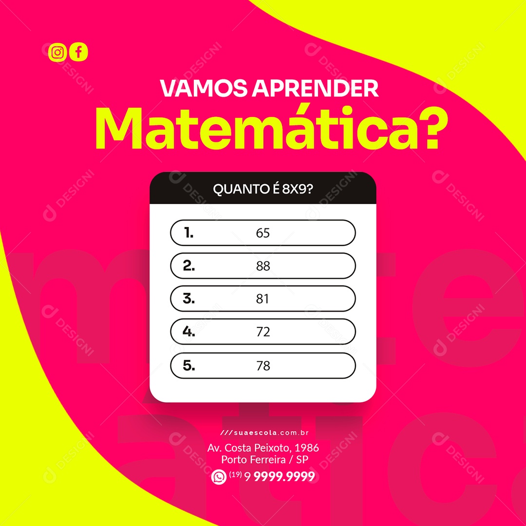 Vamos Aprender Matemática Escola Infantil Social Media PSD Editável