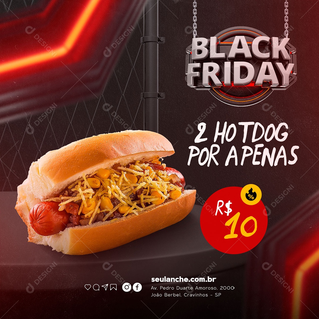 Social Media 2 Hot Dog por Apenas 10,00 Black Friday Lanchonete PSD Editável