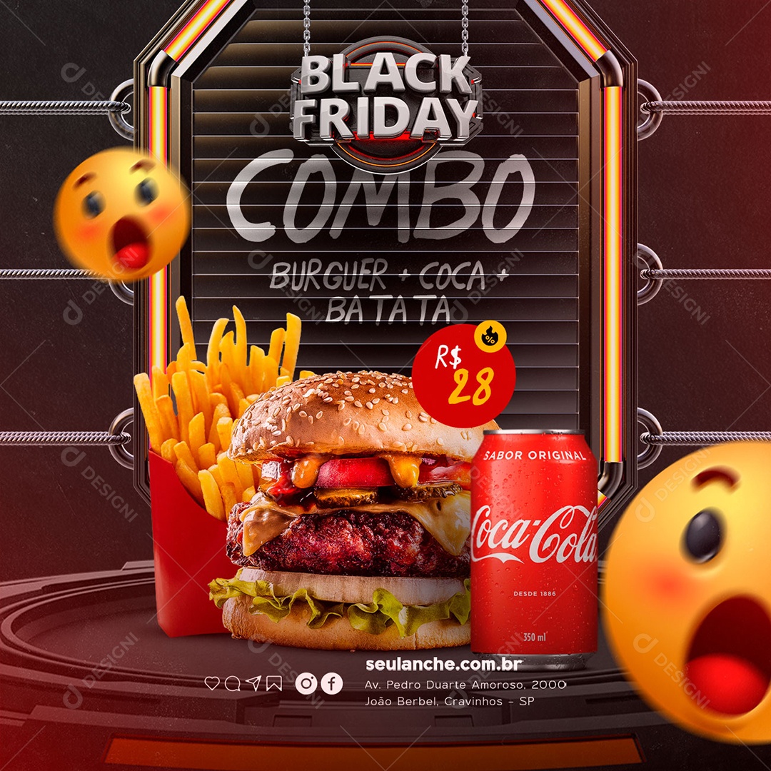 Combo Burguer + Coca + Batata Black Friday Lanchonete Social Media PSD Editável