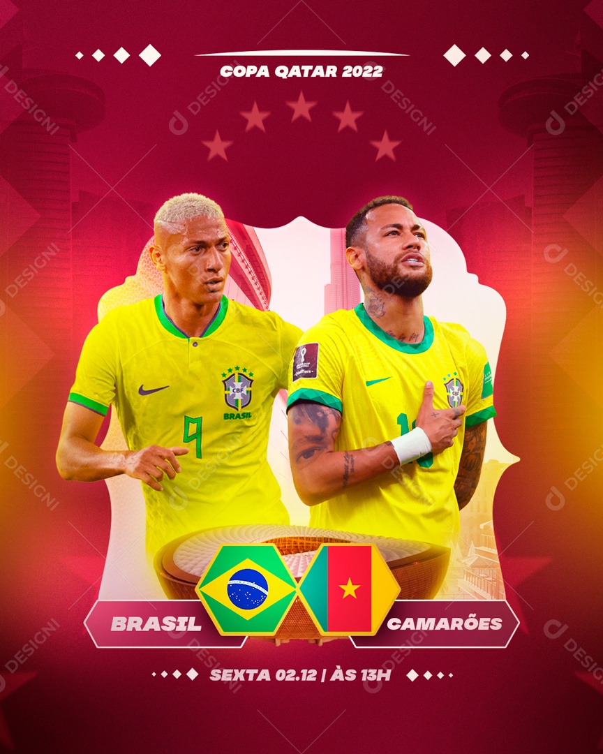 Horário Jogo Brasil e Camarões Copa 2022 Social Media PSD Editável