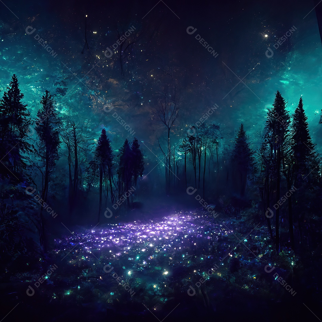 Image of a magical forest at night with stars