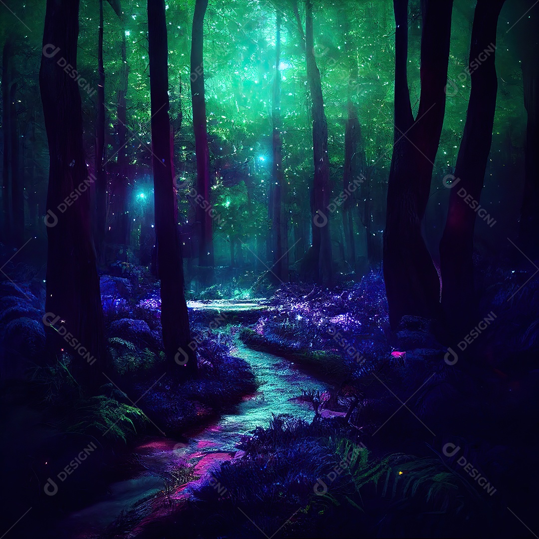 Image of a magical forest at night with stars