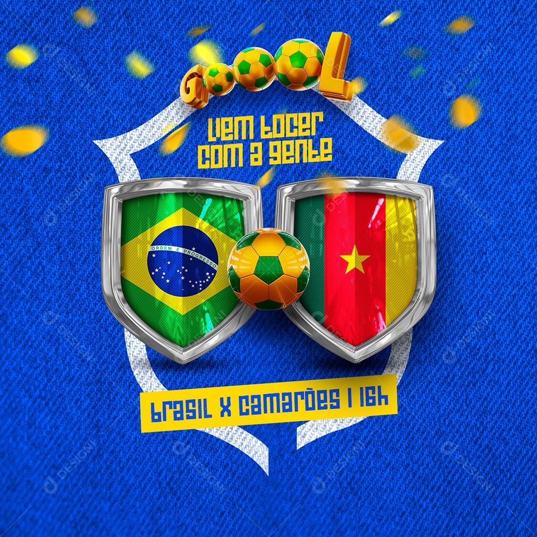 Vem Torcer com a Gente Brasil x Camarões Copa do Mundo Social Media PSD Editável