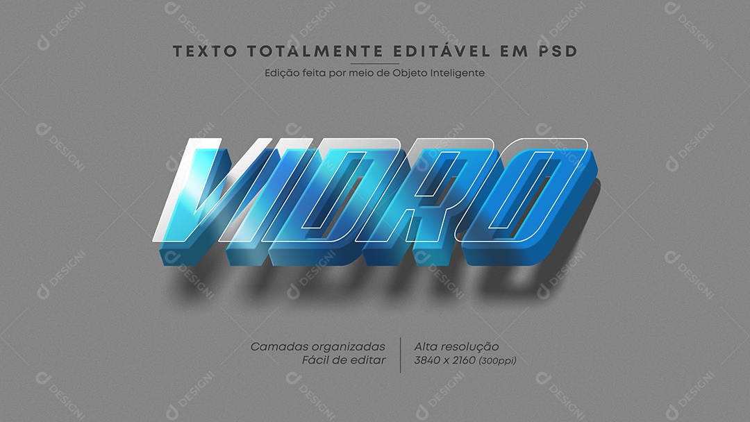 Efeito de Texto Vidro Texto Azul PSD Editável