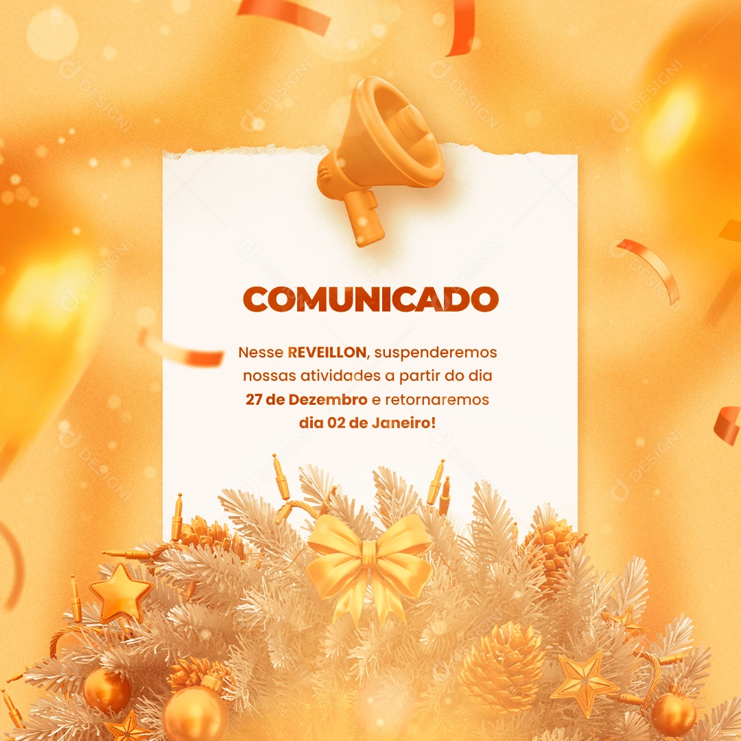 Comunicado Feriado Reveillon Ano Novo Social Media PSD Editável