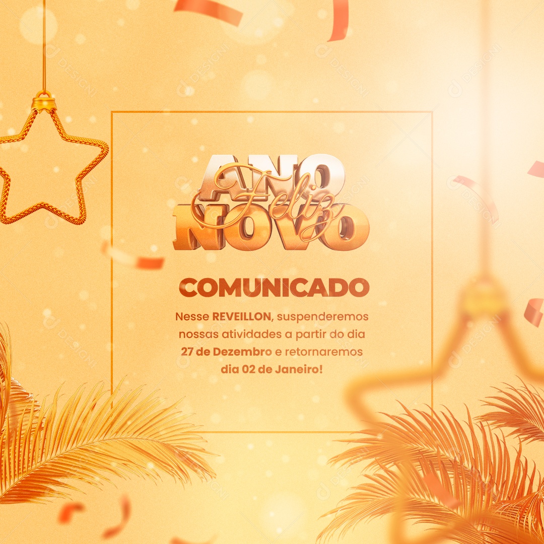 Comunicado Ano Novo Feriado Feliz Ano Novo Social Media PSD Editável