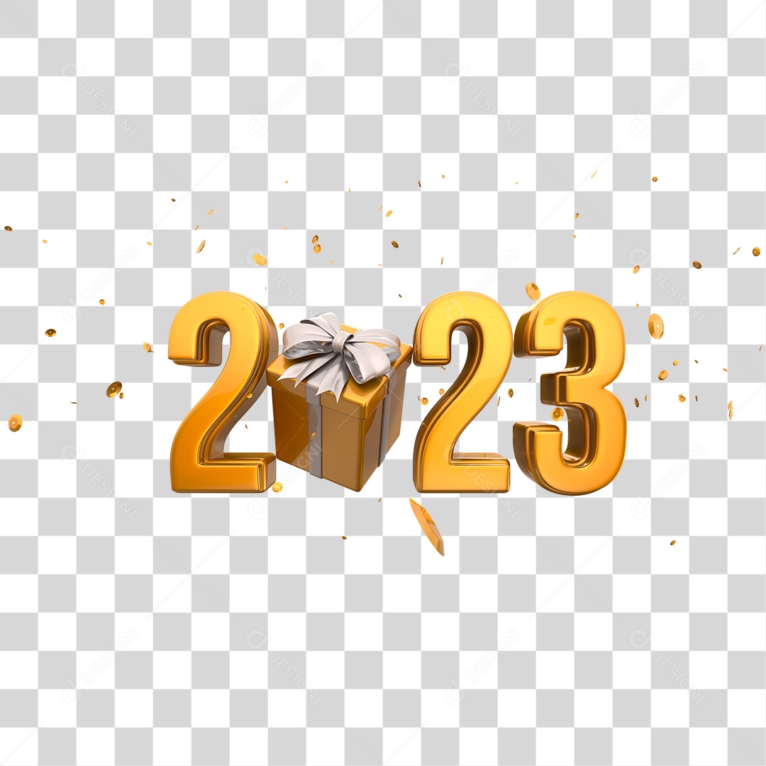 Número 2023 Dourado com Caixa de Presente Elemento 3D de Ano Novo PNG Transparente