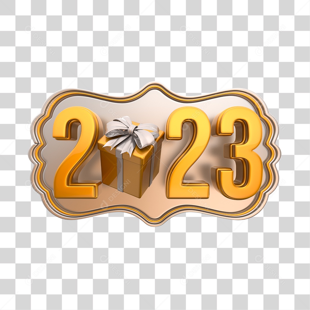 Número 2023 Dourado com Caixa de Presente Elemento 3D de Ano Novo PNG Transparente