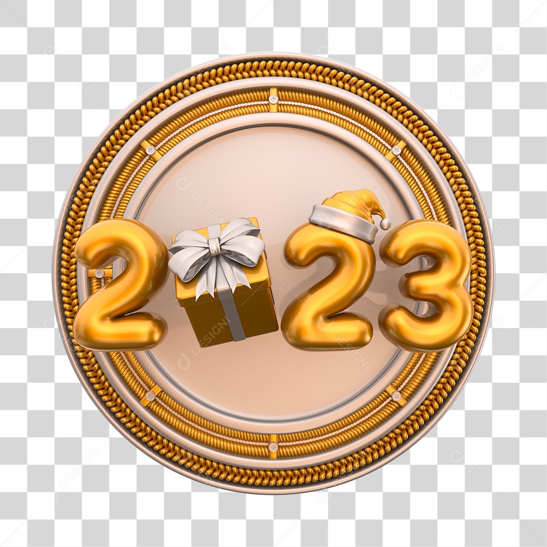 Número 2023 Dourado com Caixa de Presente Elemento 3D de Ano Novo PNG Transparente