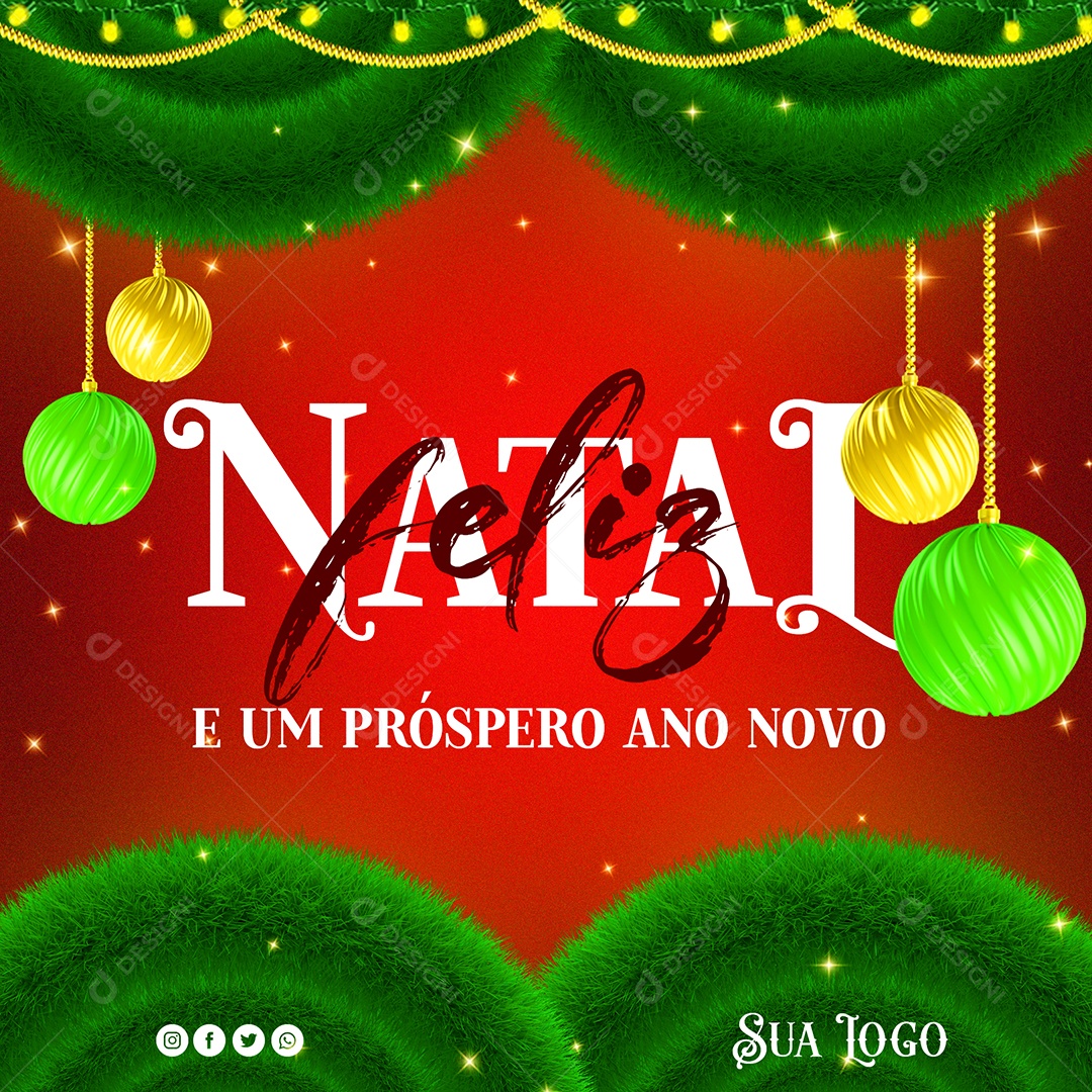 Selo 3D para Composição Feliz Natal E Feliz Ano Novo Com Guirlanda