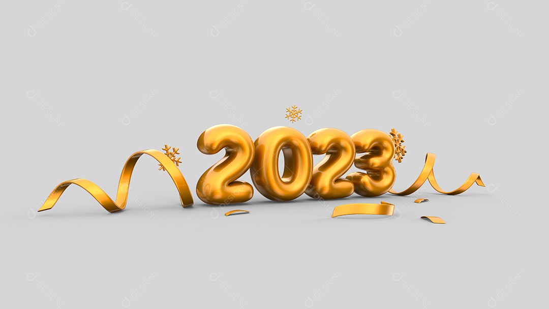 Feliz Ano Novo 2023 com ilustrações de fontes douradas com confetes douradas