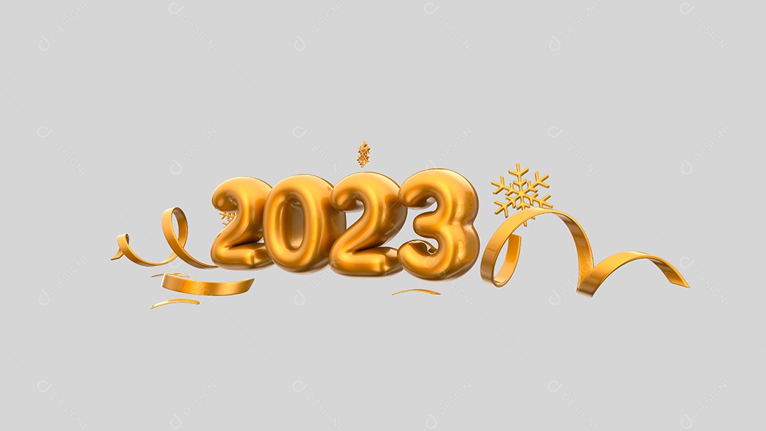 Feliz Ano Novo 2023 com ilustrações de fontes douradas com confetes dourados