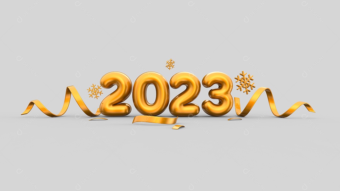 Feliz Ano Novo 2023 com ilustrações de fontes douradas com confetes dourados