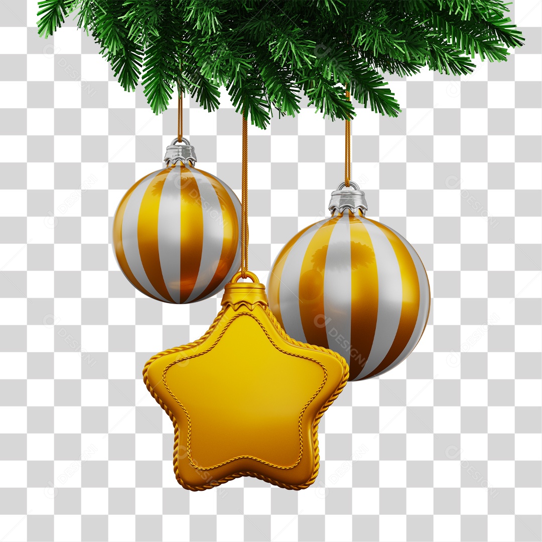 Bolas e Estrelas de Decoração de Natal Elemento 3D para Composição PNG Transparente